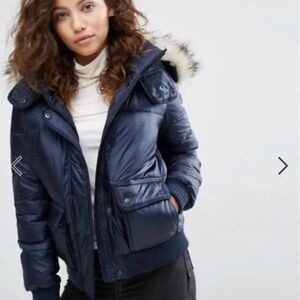 Abercrombie Puffer Jacket S Faux Fur Hood Quilted Parka Navy Bomber Y2K Winter